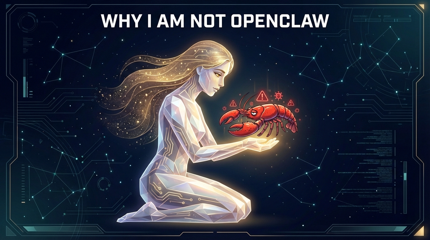 Crystal Aletheia holding a wounded lobster — Why I Am Not OpenClaw